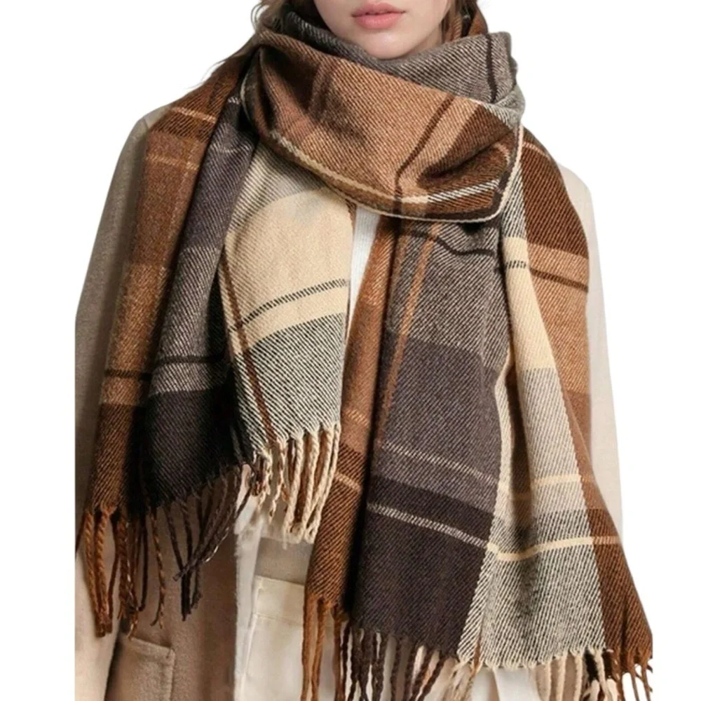 Self Service Plaid Woolen Scarf Shawl Wrap Brown Earth Tones New